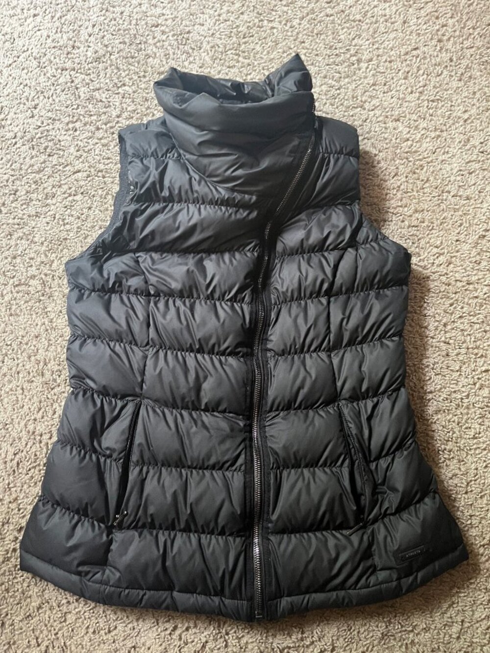Athleta Black Down Asymmetrical Zip Vest, Size Medium